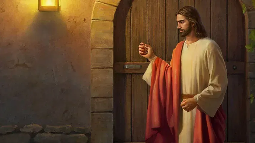 Uma lindíssima imagem de Jesus batendo em uma porta aguardando ser convidado a entrar.